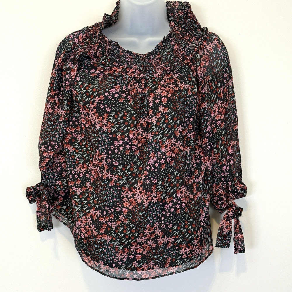 CeCe Womens Size X-Small Ditsy Floral Tie Sleeve Top Dark Romantic Chic NWOT